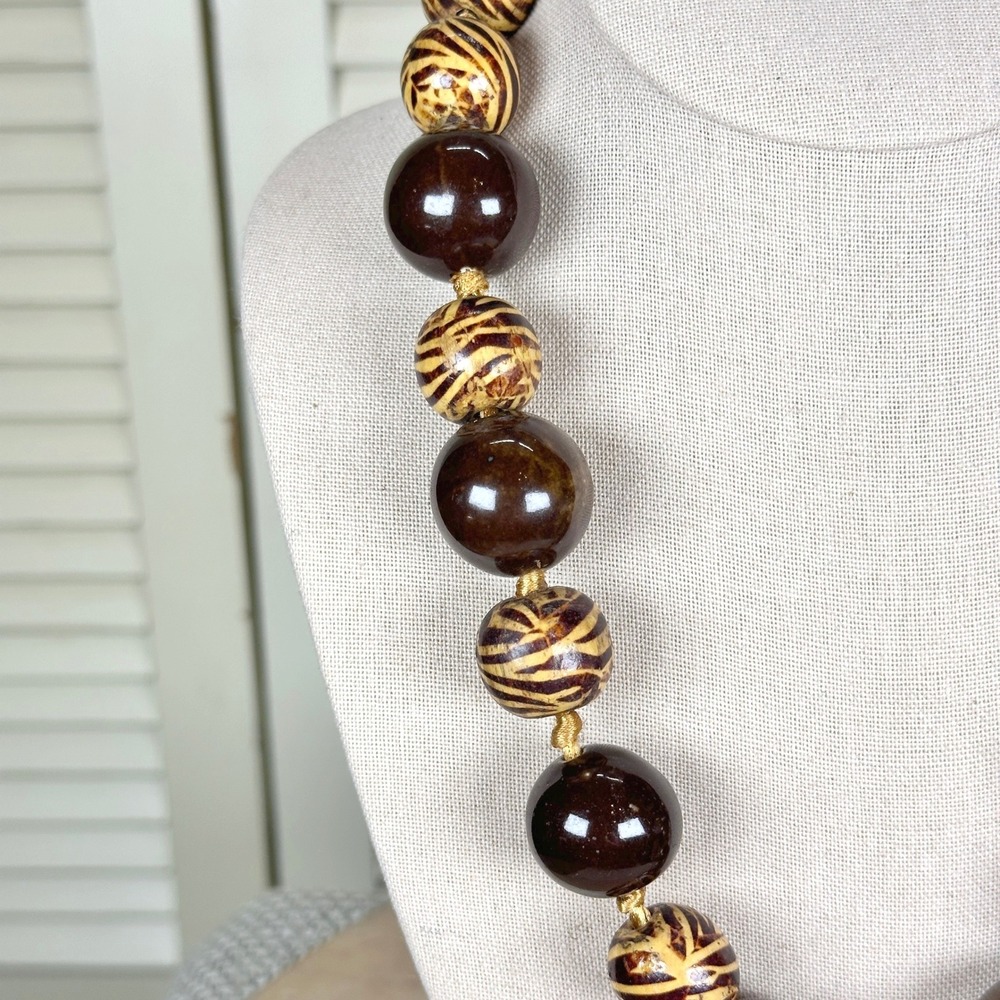 Vintage‎ Wood & Glazed Ceramic Safari Zebra Striped Beaded Necklace Hand Knotted - Picture 4 of 6